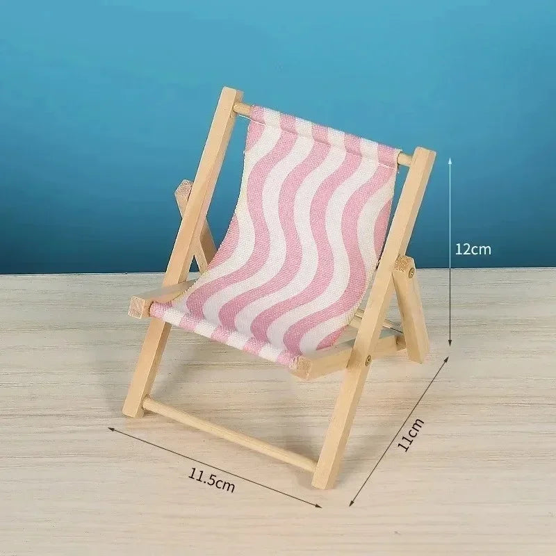 Bubu Central Labubu 10cm Beach Chair – Wooden Reclining Camping Chair Accessory for Labubu Dolls | Summer Vacation Mini Furniture (No Doll)