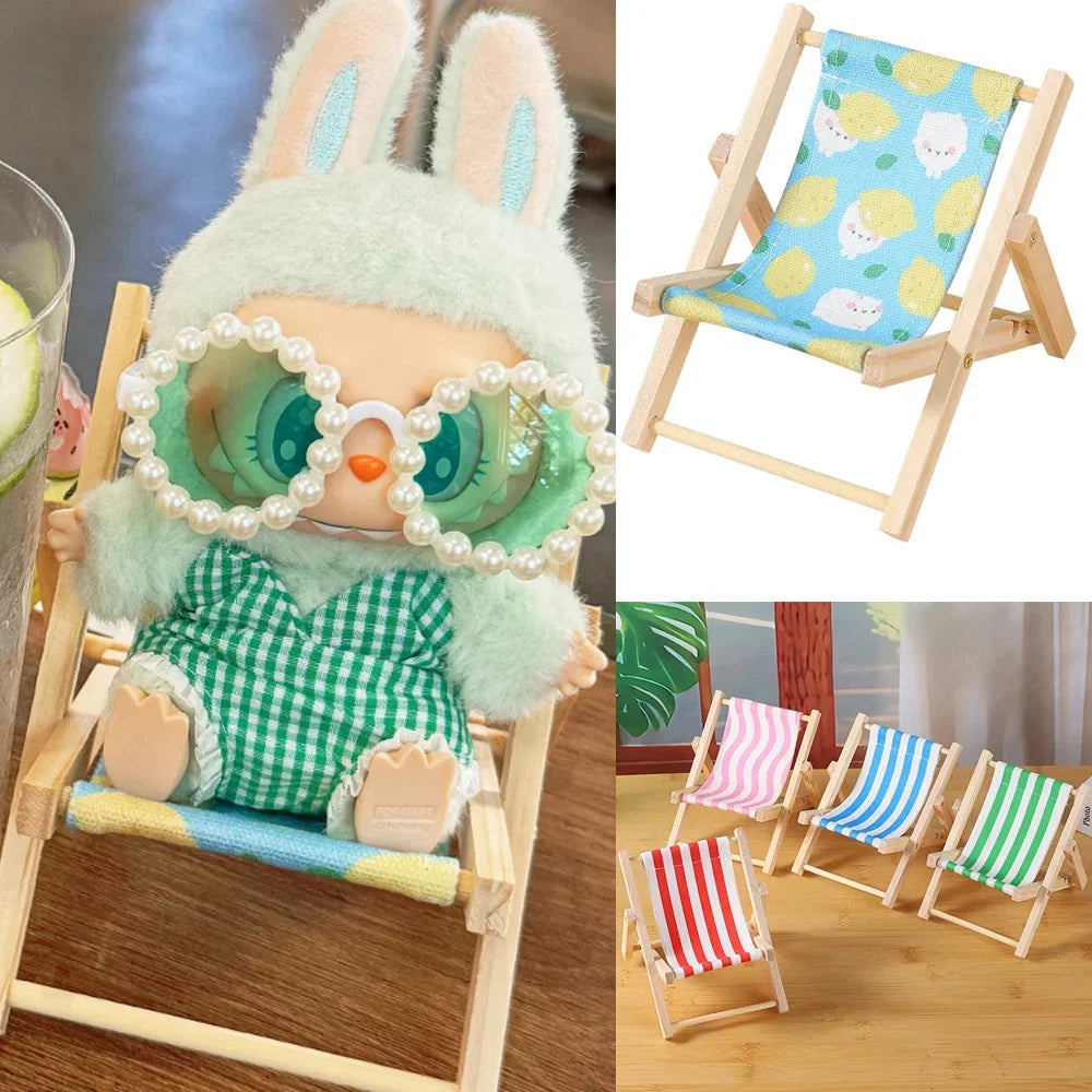 Bubu Central Labubu 10cm Beach Chair – Wooden Reclining Camping Chair Accessory for Labubu Dolls | Summer Vacation Mini Furniture (No Doll)
