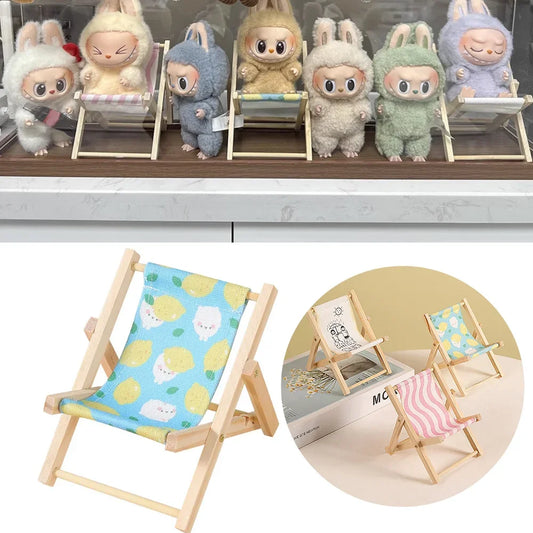 Bubu Central Labubu 10cm Beach Chair – Wooden Reclining Camping Chair Accessory for Labubu Dolls | Summer Vacation Mini Furniture (No Doll)